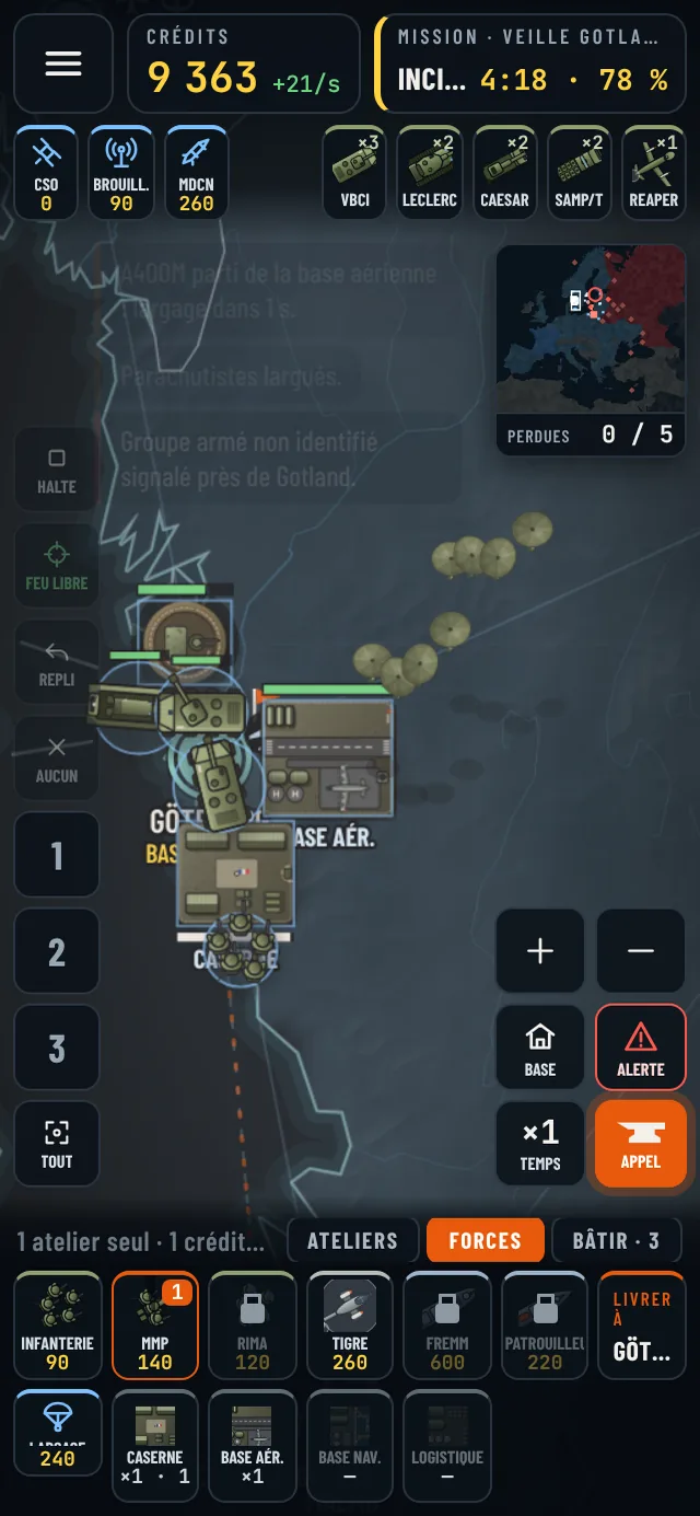 Les forces : bases, casernes, parachutistes largués, frégates.