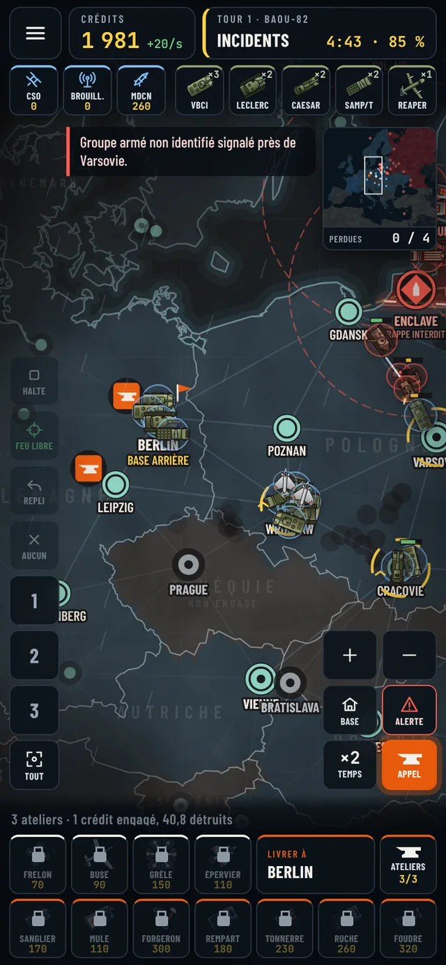 Une opération en cours : la carte, les unités, les ateliers et la barre de fabrication.