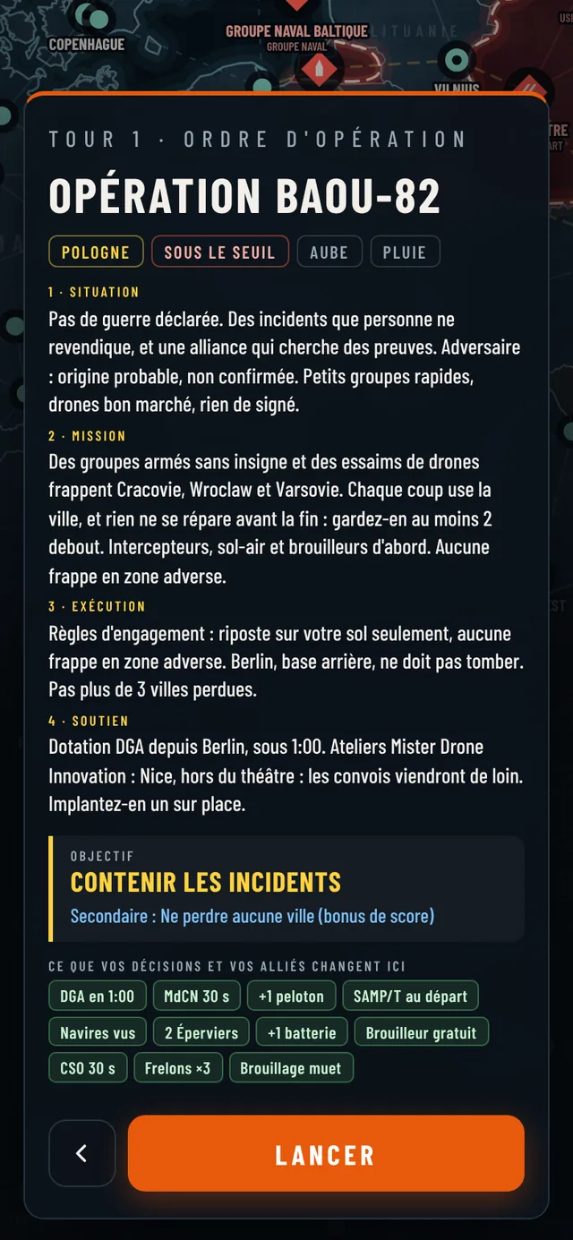 Un ordre d'opération : situation, mission, exécution, soutien.