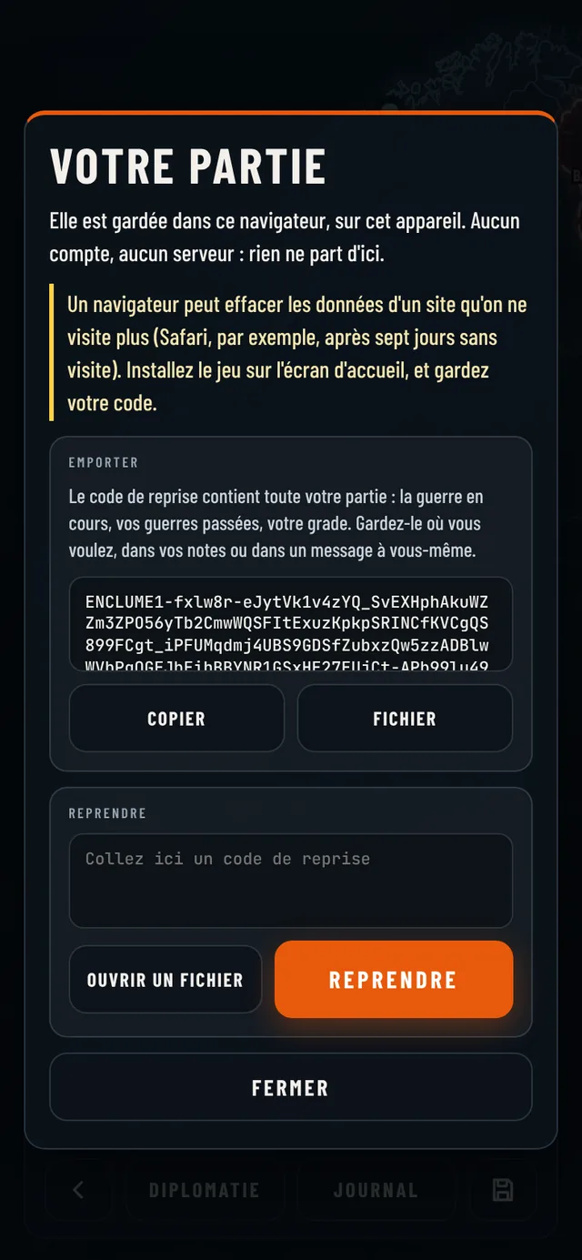 L'écran Votre partie : le code de reprise à copier, et le cadre pour reprendre.